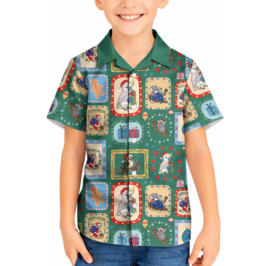 Australia Wildlife Christmas Stamp Kid Hawaiian Shirt Green Aussie Native Animal Seamless Pattern