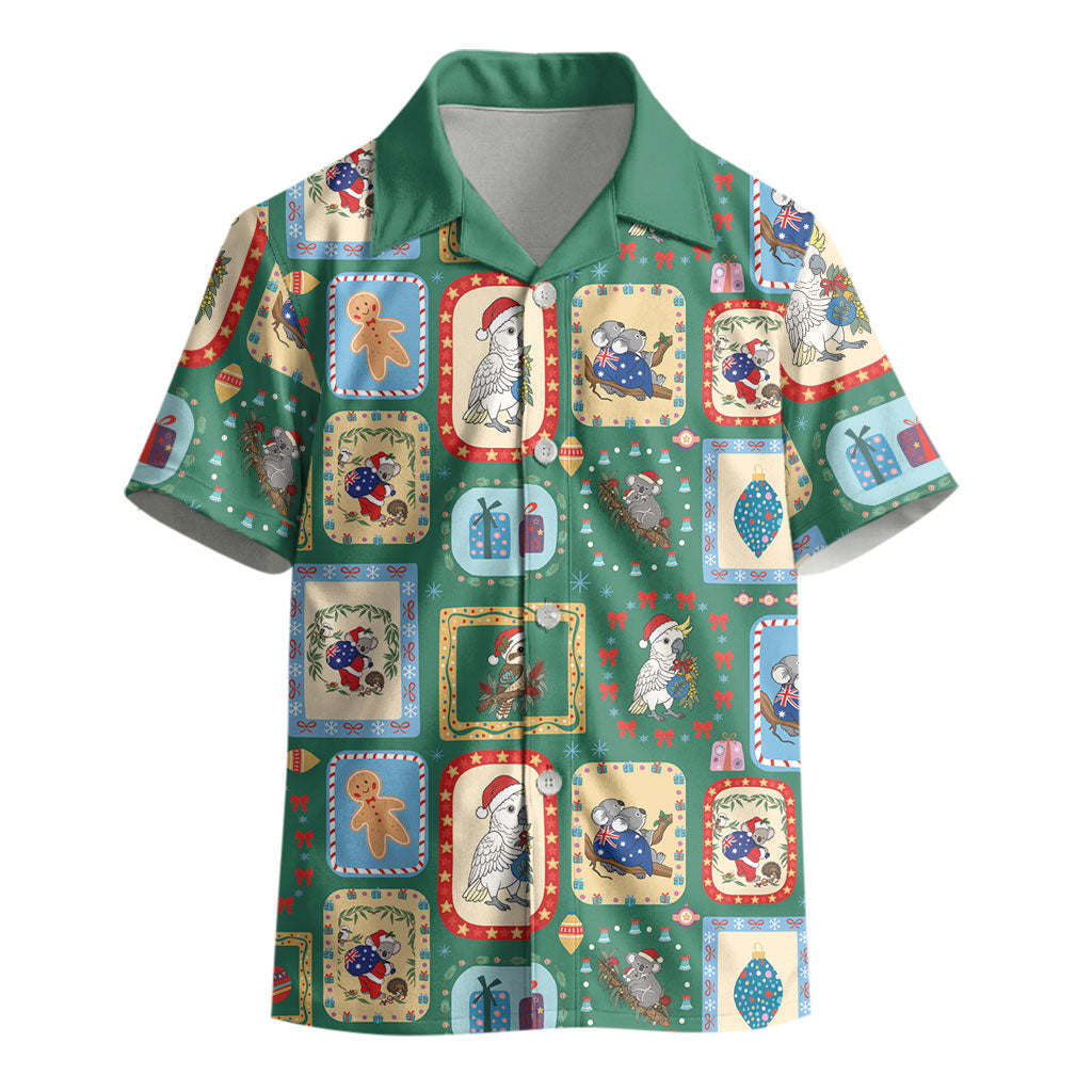 Australia Wildlife Christmas Stamp Kid Hawaiian Shirt Green Aussie Native Animal Seamless Pattern