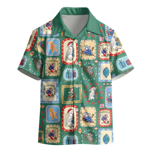Australia Wildlife Christmas Stamp Kid Hawaiian Shirt Green Aussie Native Animal Seamless Pattern