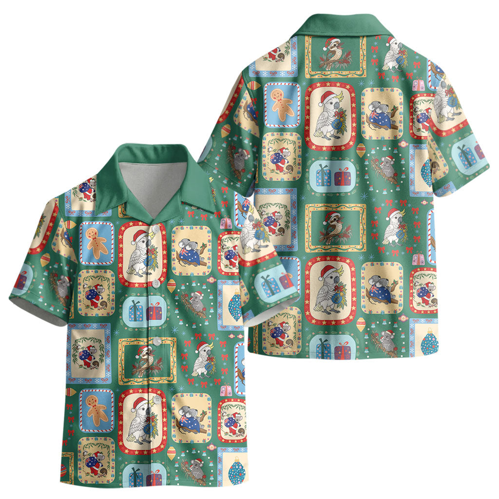 Australia Wildlife Christmas Stamp Kid Hawaiian Shirt Green Aussie Native Animal Seamless Pattern