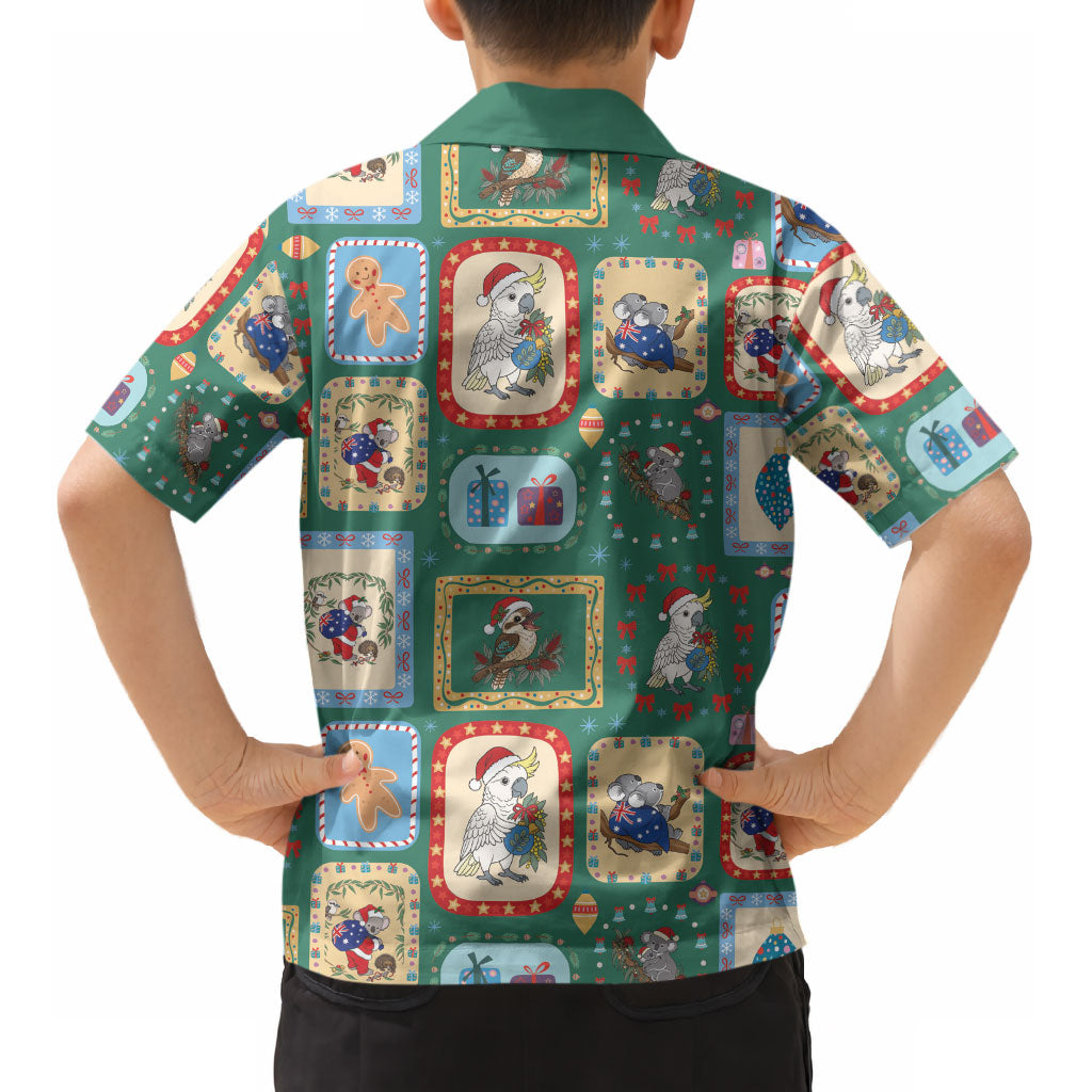 Australia Wildlife Christmas Stamp Kid Hawaiian Shirt Green Aussie Native Animal Seamless Pattern