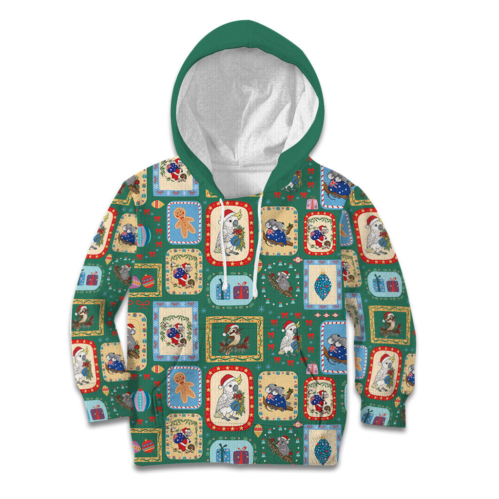 Australia Wildlife Christmas Stamp Kid Hoodie Green Aussie Native Animal Seamless Pattern