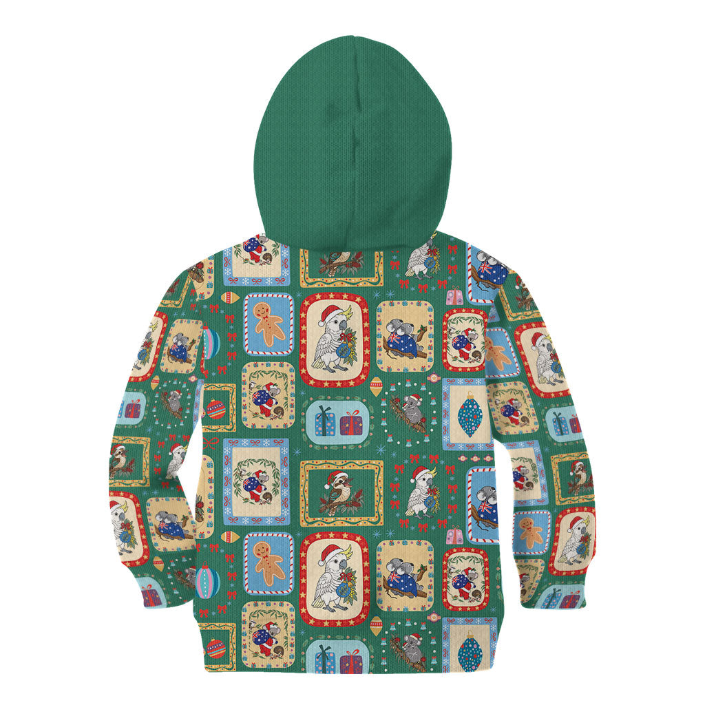 Australia Wildlife Christmas Stamp Kid Hoodie Green Aussie Native Animal Seamless Pattern