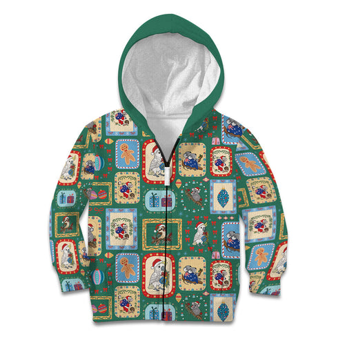 Australia Wildlife Christmas Stamp Kid Hoodie Green Aussie Native Animal Seamless Pattern