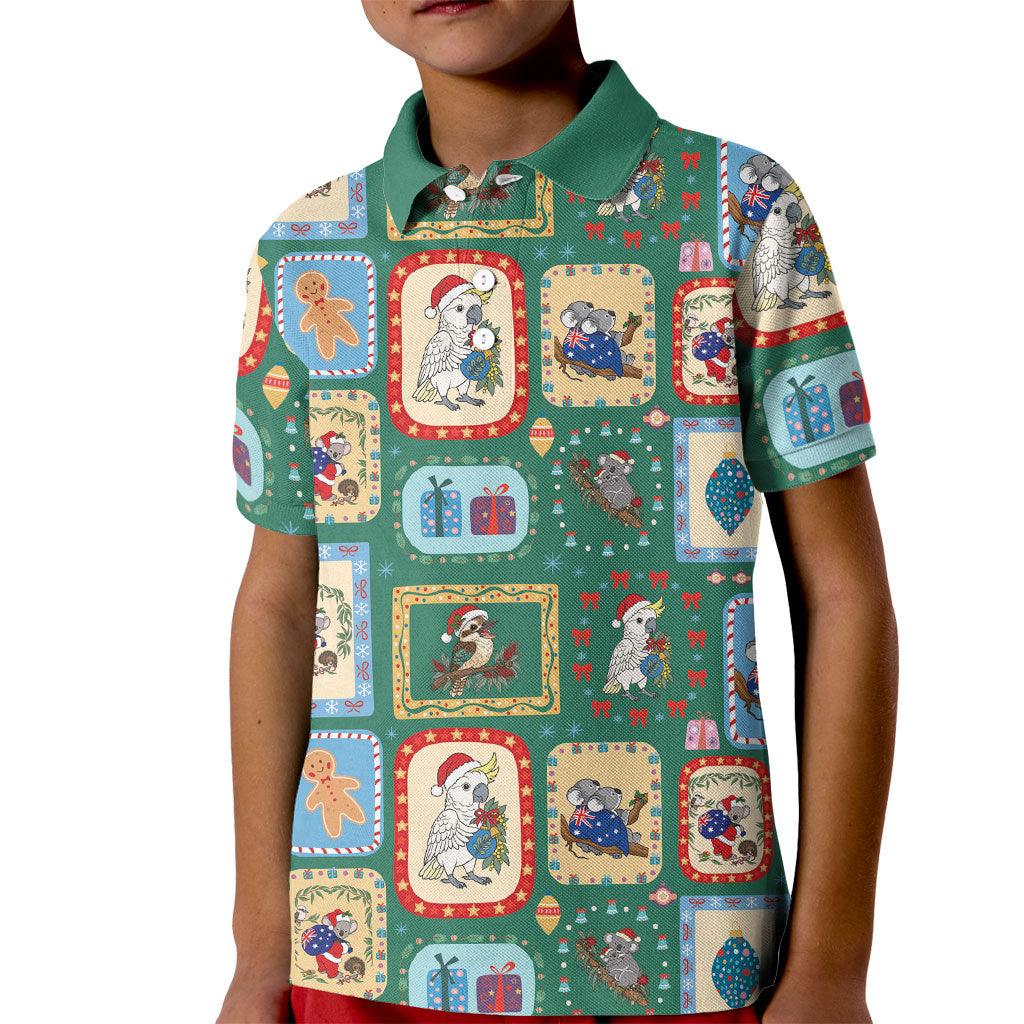 Australia Wildlife Christmas Stamp Kid Polo Shirt Green Aussie Native Animal Seamless Pattern