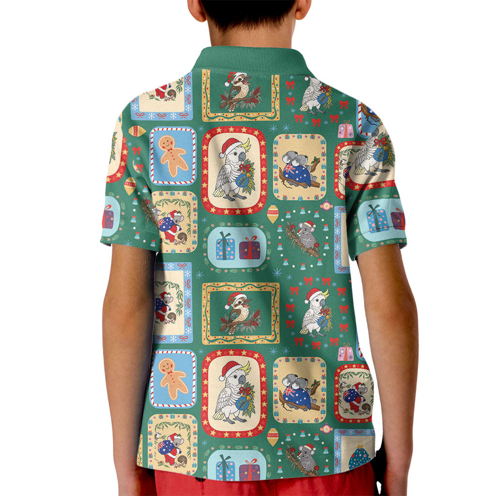 Australia Wildlife Christmas Stamp Kid Polo Shirt Green Aussie Native Animal Seamless Pattern