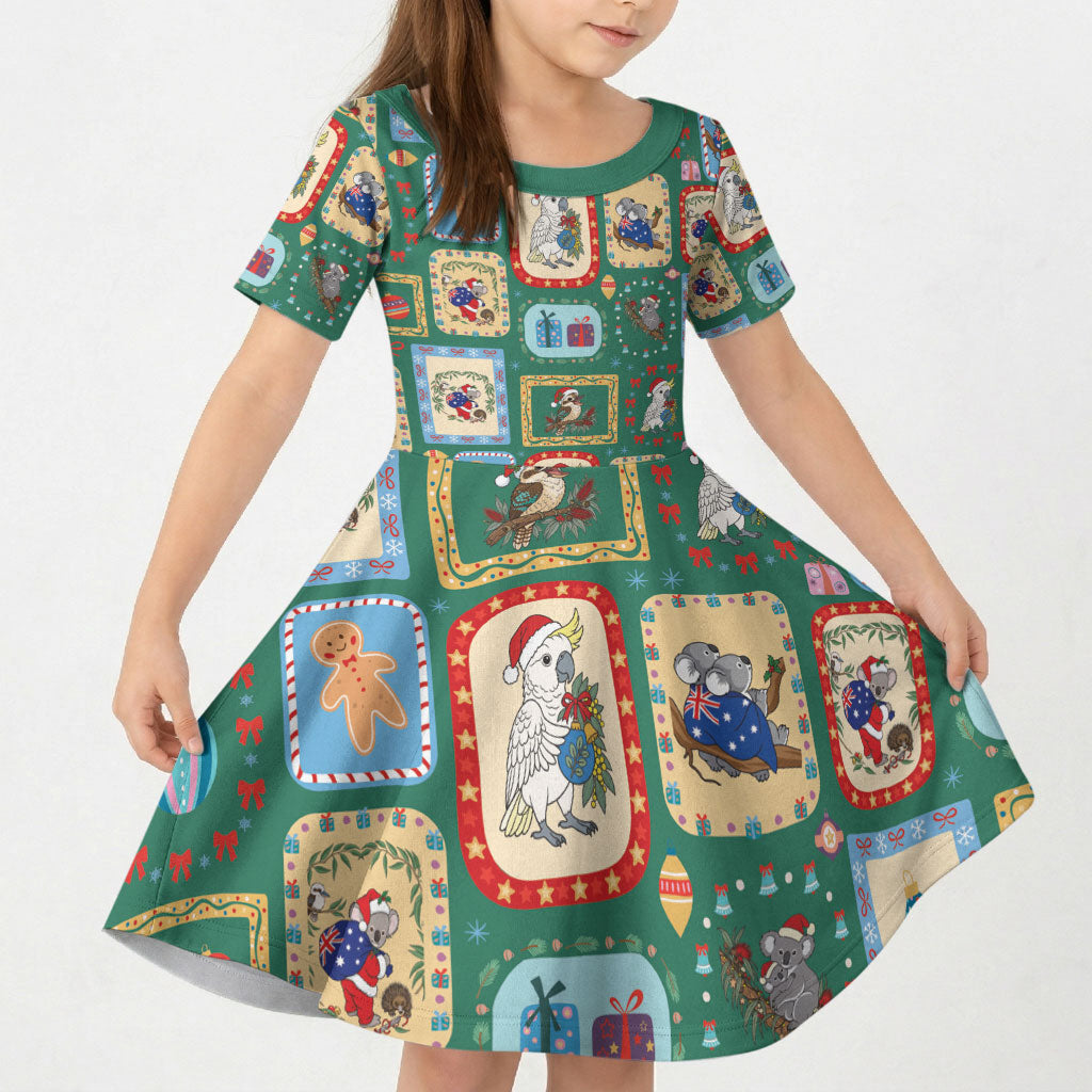 Australia Wildlife Christmas Stamp Kid Short Sleeve Dress Green Aussie Native Animal Seamless Pattern