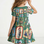Australia Wildlife Christmas Stamp Kid Short Sleeve Dress Green Aussie Native Animal Seamless Pattern