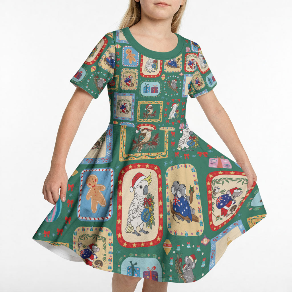 Australia Wildlife Christmas Stamp Kid Short Sleeve Dress Green Aussie Native Animal Seamless Pattern