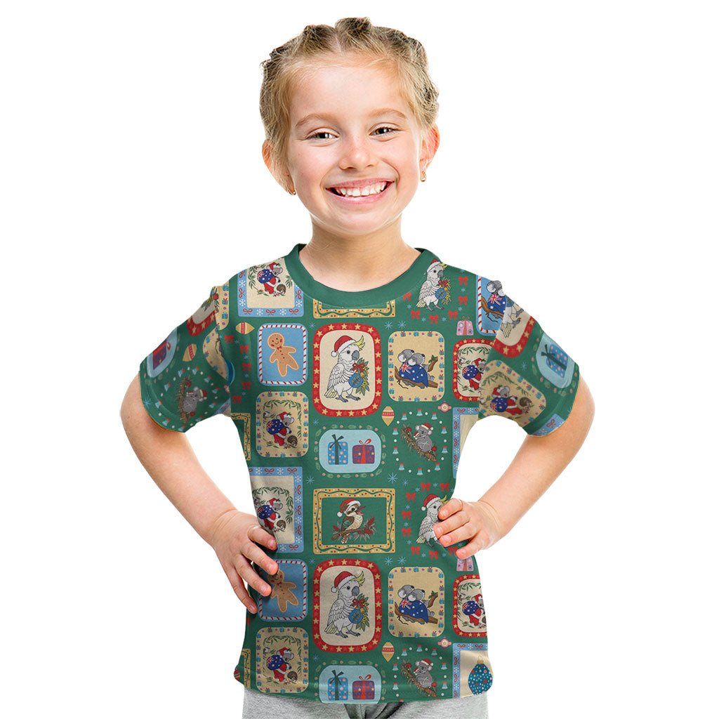 Australia Wildlife Christmas Stamp Kid T Shirt Green Aussie Native Animal Seamless Pattern