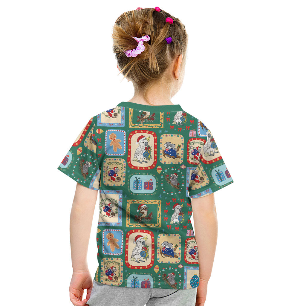 Australia Wildlife Christmas Stamp Kid T Shirt Green Aussie Native Animal Seamless Pattern