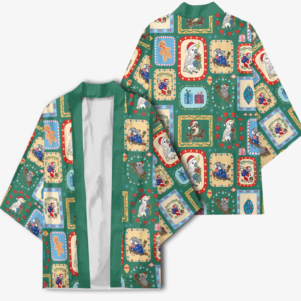 Australia Wildlife Christmas Stamp Kimono Green Aussie Native Animal Seamless Pattern
