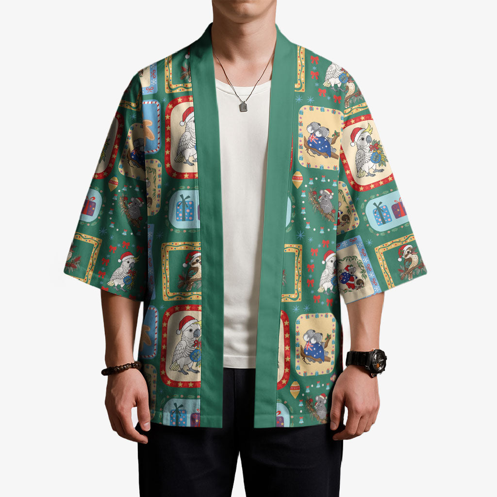 Australia Wildlife Christmas Stamp Kimono Green Aussie Native Animal Seamless Pattern