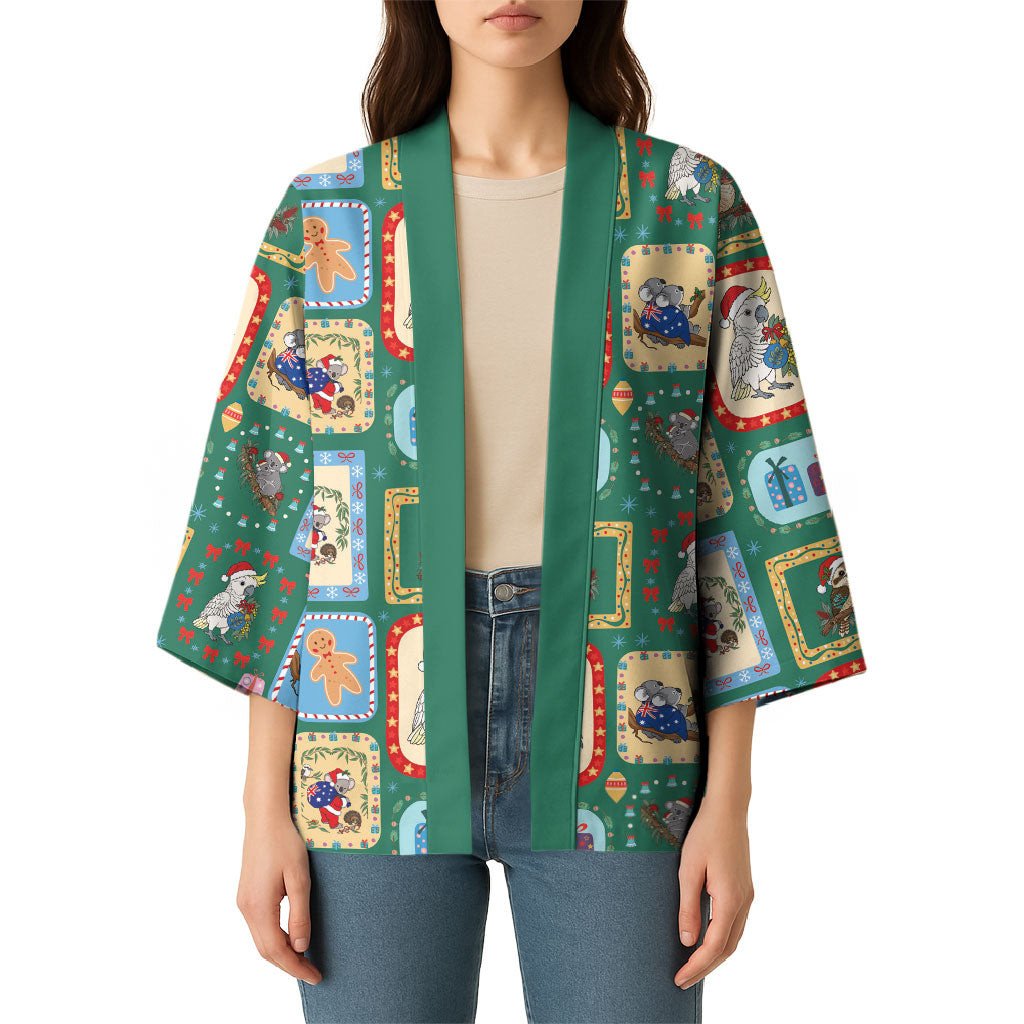 Australia Wildlife Christmas Stamp Kimono Green Aussie Native Animal Seamless Pattern