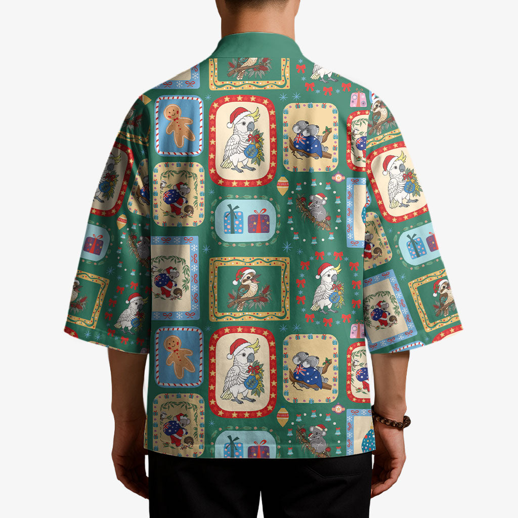 Australia Wildlife Christmas Stamp Kimono Green Aussie Native Animal Seamless Pattern