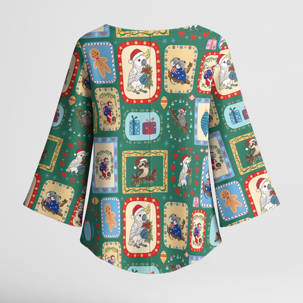 Australia Wildlife Christmas Stamp Kimono Sleeve Blouse Green Aussie Native Animal Seamless Pattern