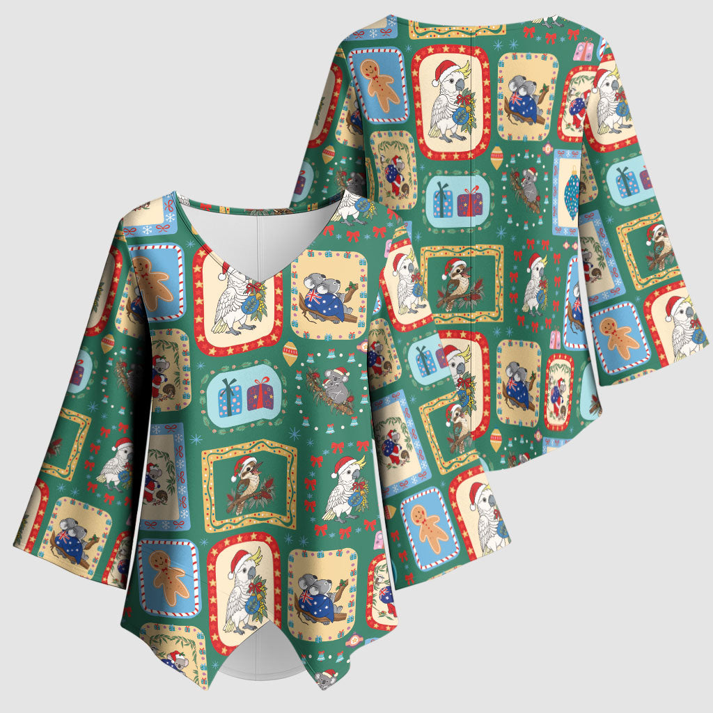 Australia Wildlife Christmas Stamp Kimono Sleeve Blouse Green Aussie Native Animal Seamless Pattern