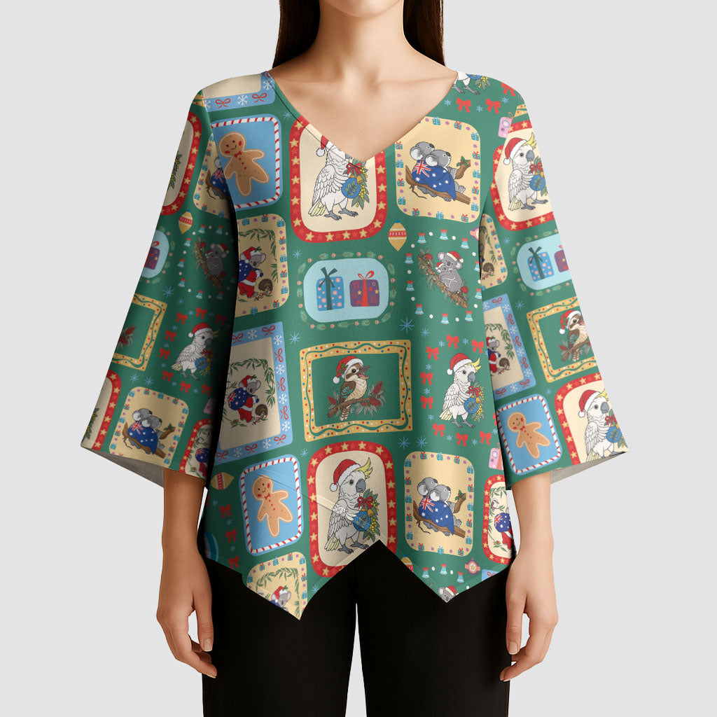 Australia Wildlife Christmas Stamp Kimono Sleeve Blouse Green Aussie Native Animal Seamless Pattern
