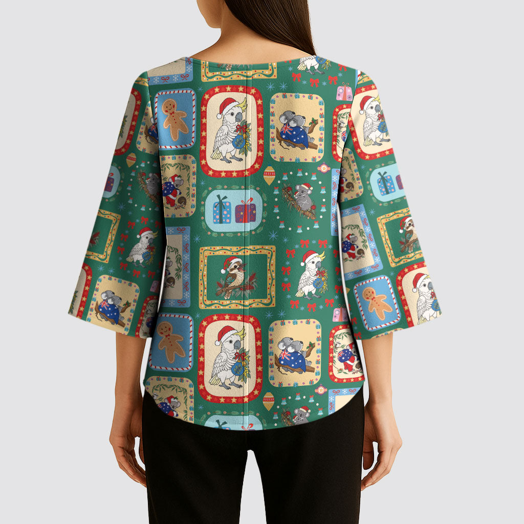 Australia Wildlife Christmas Stamp Kimono Sleeve Blouse Green Aussie Native Animal Seamless Pattern