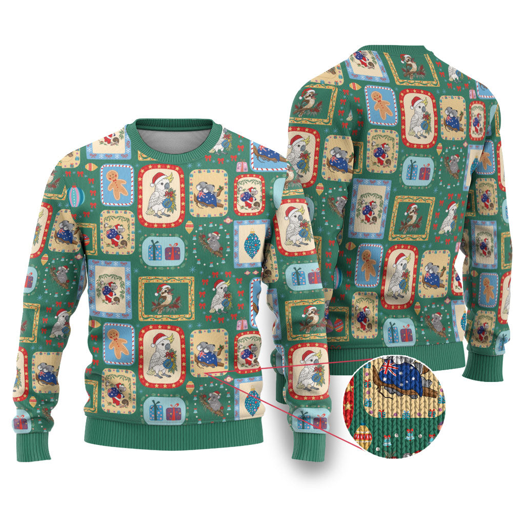 Australia Wildlife Christmas Stamps Ugly Christmas Sweater Green Aussie Native Animal Seamless Pattern
