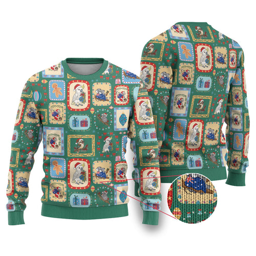 Australia Wildlife Christmas Stamps Ugly Christmas Sweater Green Aussie Native Animal Seamless Pattern