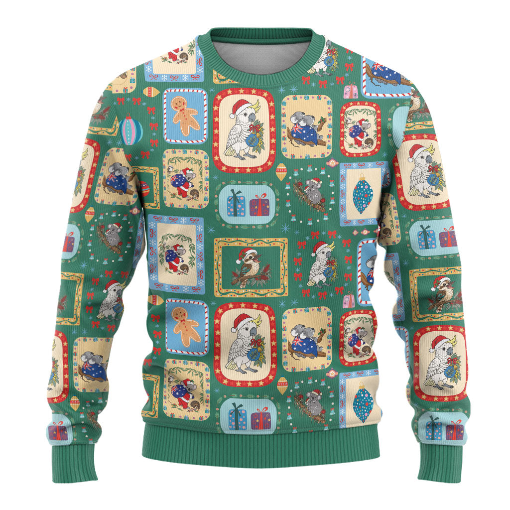 Australia Wildlife Christmas Stamps Ugly Christmas Sweater Green Aussie Native Animal Seamless Pattern