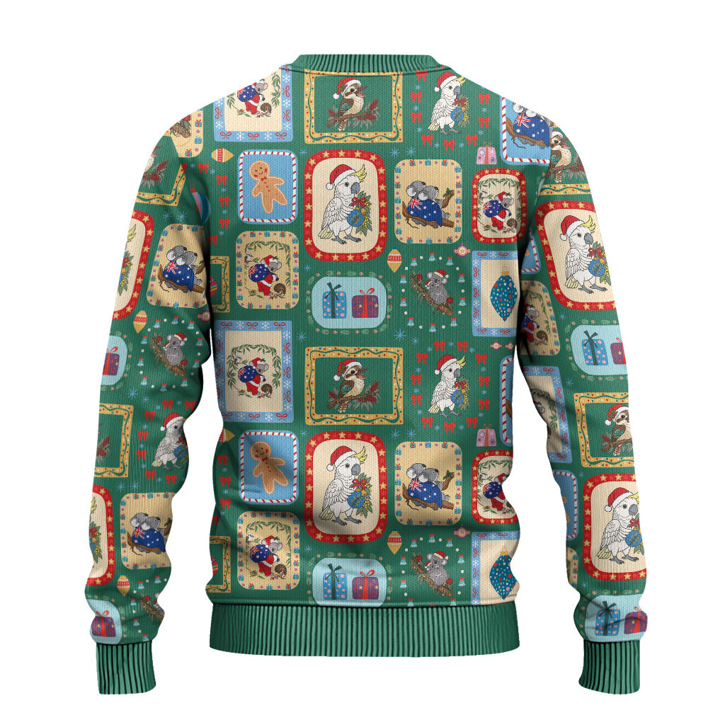 Australia Wildlife Christmas Stamps Ugly Christmas Sweater Green Aussie Native Animal Seamless Pattern
