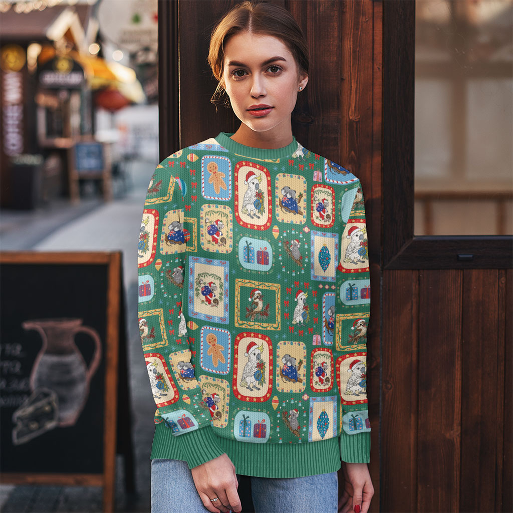 Australia Wildlife Christmas Stamps Ugly Christmas Sweater Green Aussie Native Animal Seamless Pattern