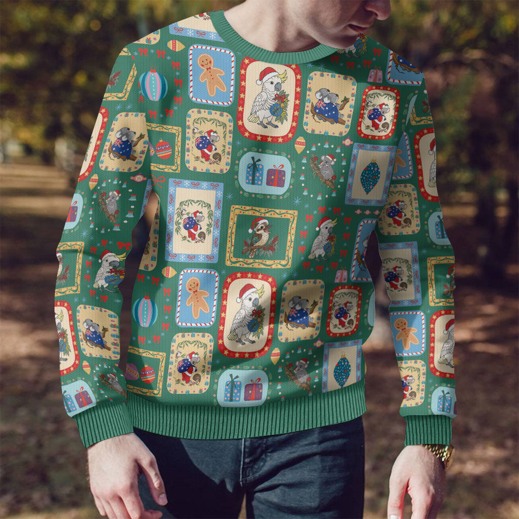 Australia Wildlife Christmas Stamps Ugly Christmas Sweater Green Aussie Native Animal Seamless Pattern