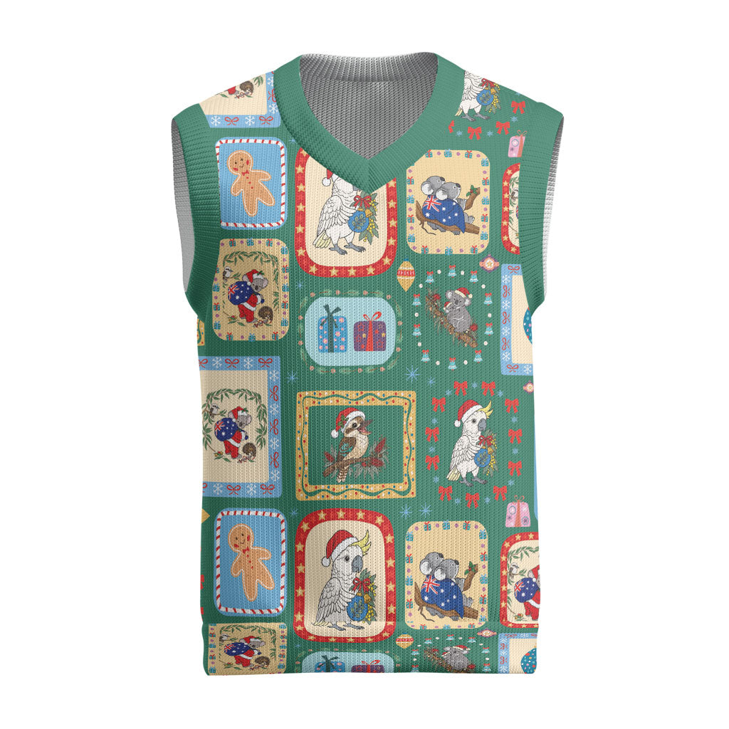 Australia Wildlife Christmas Stamps Christmas Knitted V-Neck Vest Green Aussie Native Animal Seamless Pattern