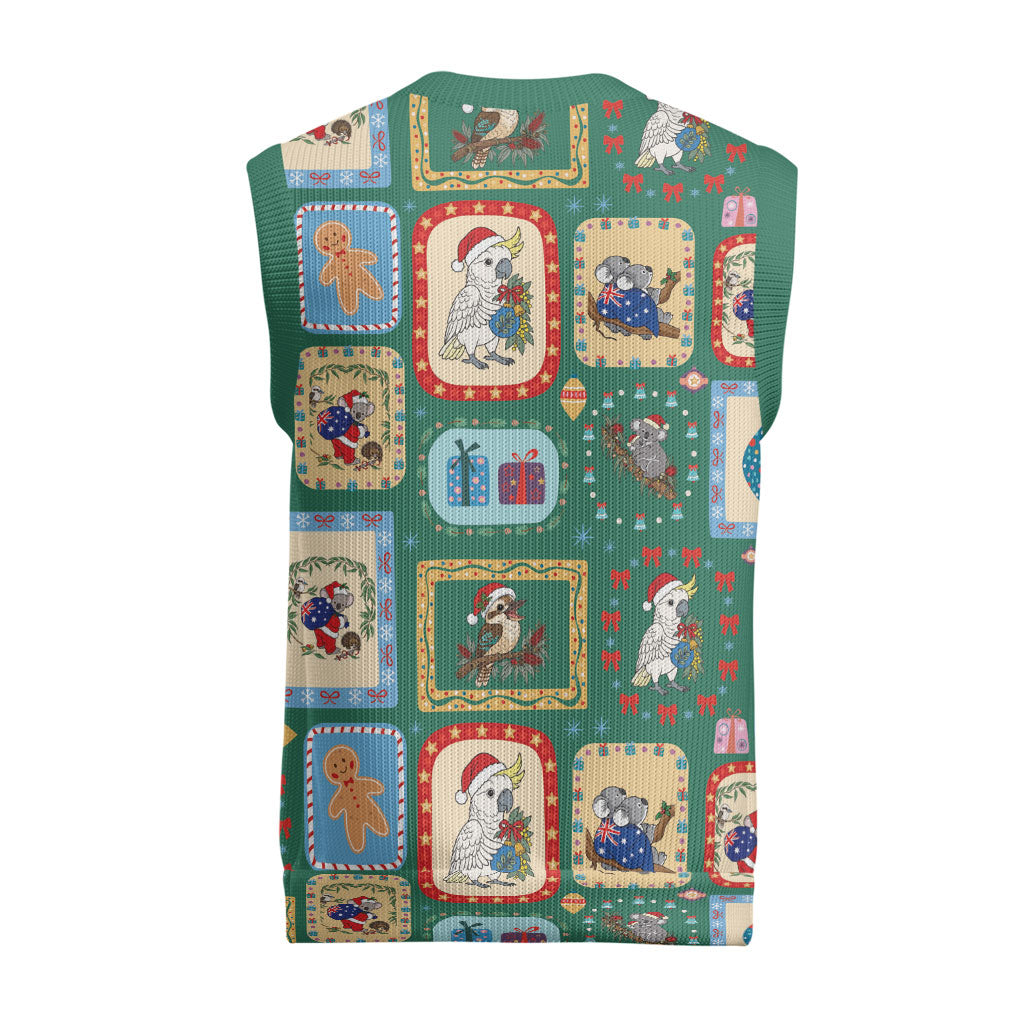 Australia Wildlife Christmas Stamps Christmas Knitted V-Neck Vest Green Aussie Native Animal Seamless Pattern