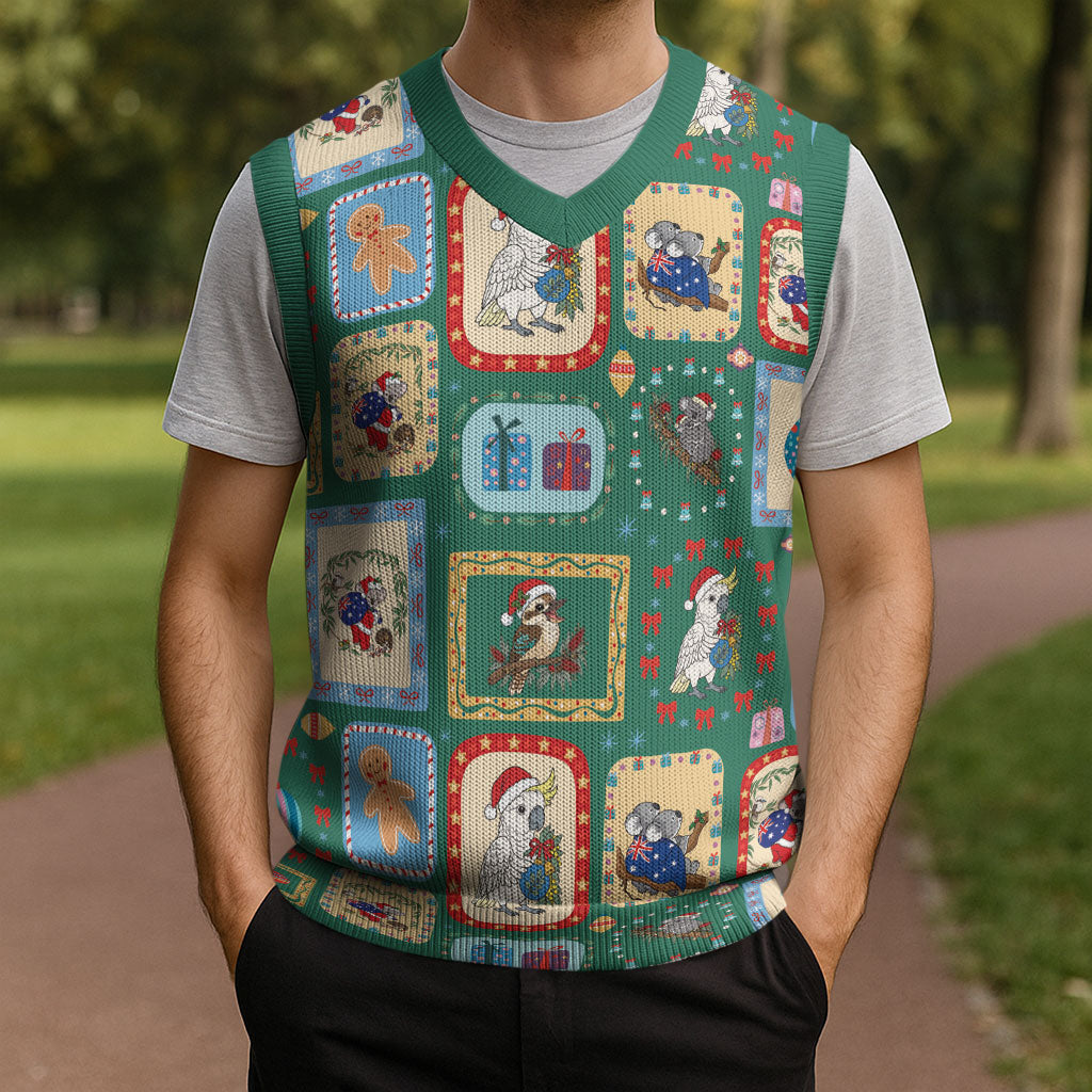 Australia Wildlife Christmas Stamps Christmas Knitted V-Neck Vest Green Aussie Native Animal Seamless Pattern