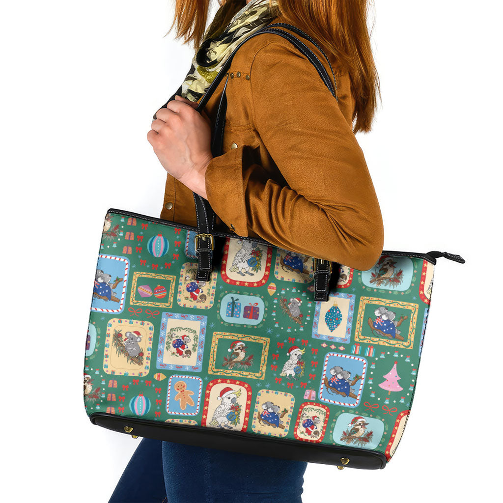 Australia Wildlife Christmas Stamp Leather Tote Bag Green Aussie Native Animal Seamless Pattern