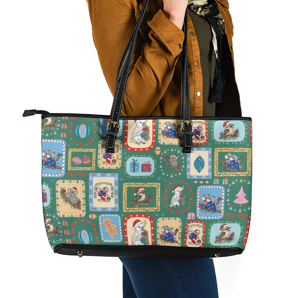 Australia Wildlife Christmas Stamp Leather Tote Bag Green Aussie Native Animal Seamless Pattern
