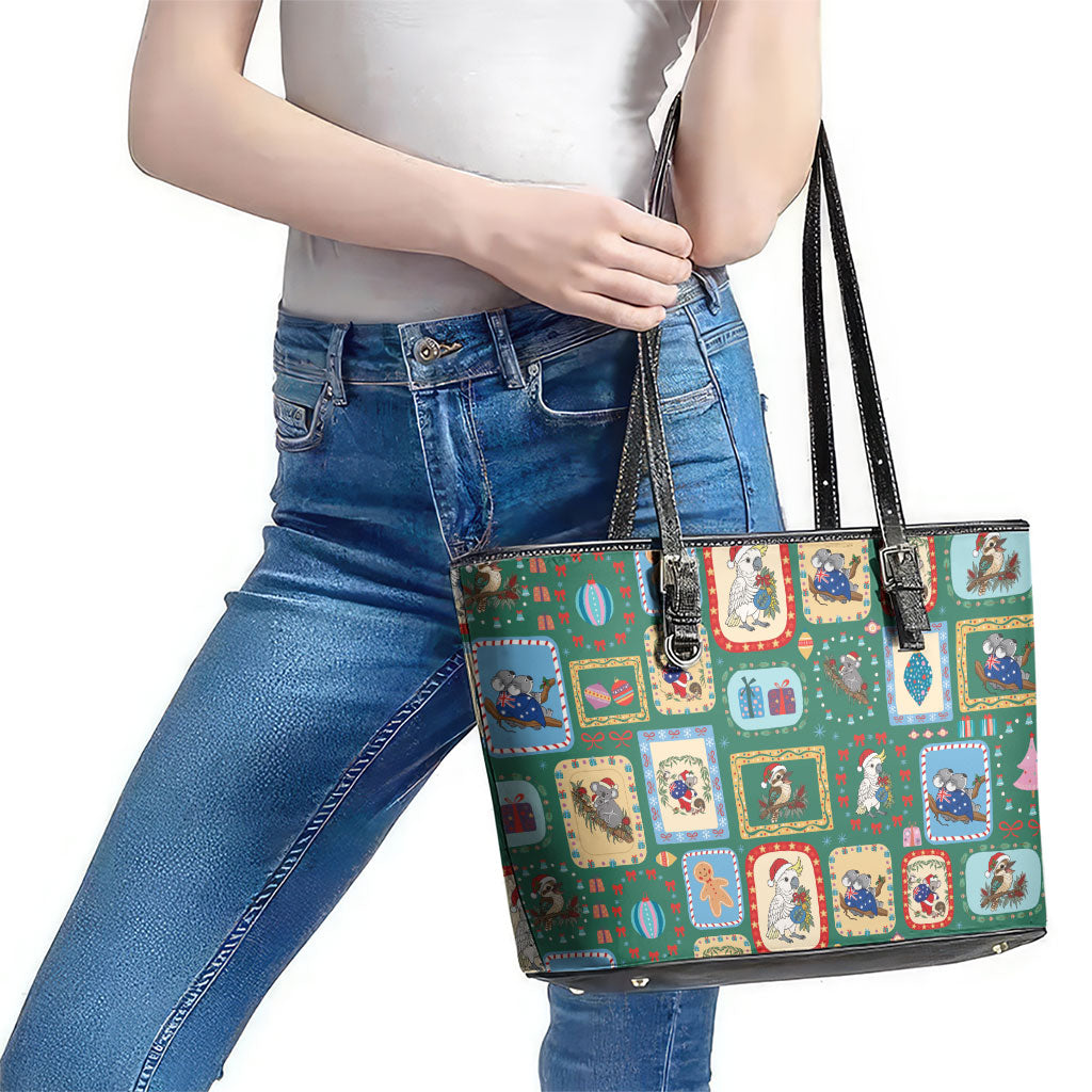 Australia Wildlife Christmas Stamp Leather Tote Bag Green Aussie Native Animal Seamless Pattern