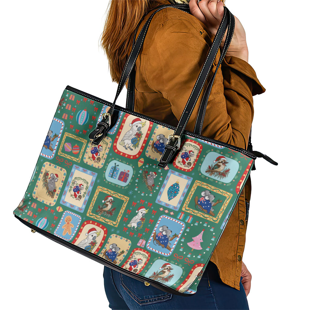 Australia Wildlife Christmas Stamp Leather Tote Bag Green Aussie Native Animal Seamless Pattern
