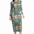 Australia Wildlife Christmas Stamp Long Sleeve Bodycon Dress Green Aussie Native Animal Seamless Pattern