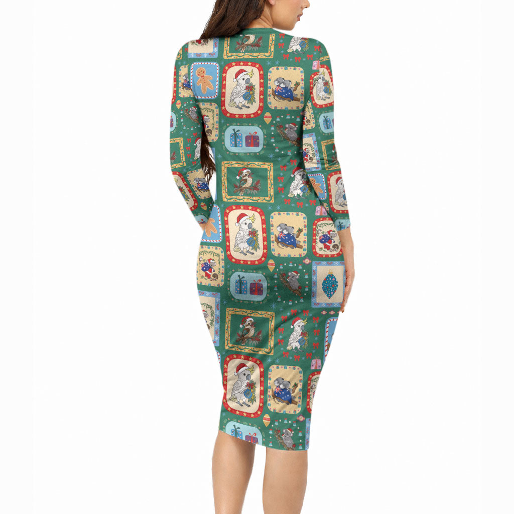 Australia Wildlife Christmas Stamp Long Sleeve Bodycon Dress Green Aussie Native Animal Seamless Pattern