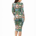 Australia Wildlife Christmas Stamp Long Sleeve Bodycon Dress Green Aussie Native Animal Seamless Pattern