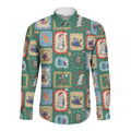Australia Wildlife Christmas Stamp Long Sleeve Button Shirt Green Aussie Native Animal Seamless Pattern