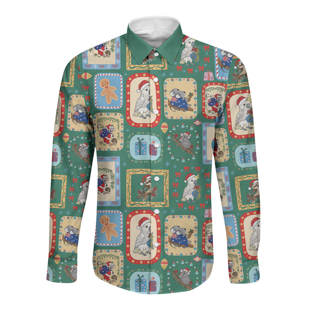 Australia Wildlife Christmas Stamp Long Sleeve Button Shirt Green Aussie Native Animal Seamless Pattern