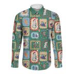 Australia Wildlife Christmas Stamp Long Sleeve Button Shirt Green Aussie Native Animal Seamless Pattern