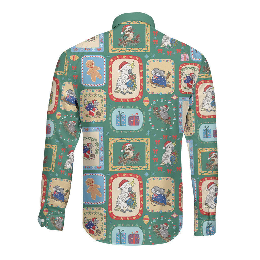 Australia Wildlife Christmas Stamp Long Sleeve Button Shirt Green Aussie Native Animal Seamless Pattern
