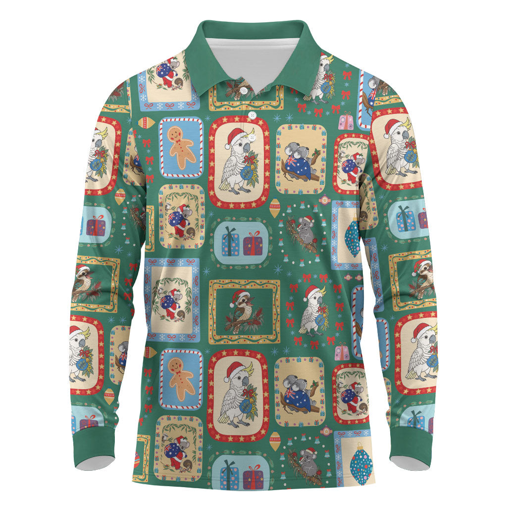 Australia Wildlife Christmas Stamp Long Sleeve Polo Shirt Green Aussie Native Animal Seamless Pattern