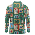Australia Wildlife Christmas Stamp Long Sleeve Polo Shirt Green Aussie Native Animal Seamless Pattern