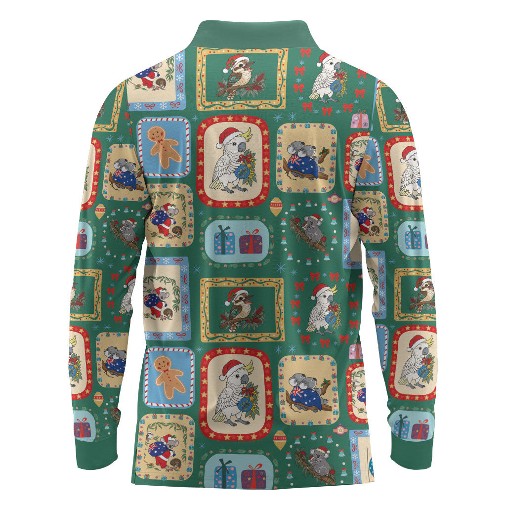Australia Wildlife Christmas Stamp Long Sleeve Polo Shirt Green Aussie Native Animal Seamless Pattern
