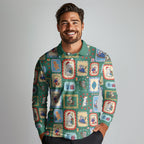 Australia Wildlife Christmas Stamp Long Sleeve Polo Shirt Green Aussie Native Animal Seamless Pattern