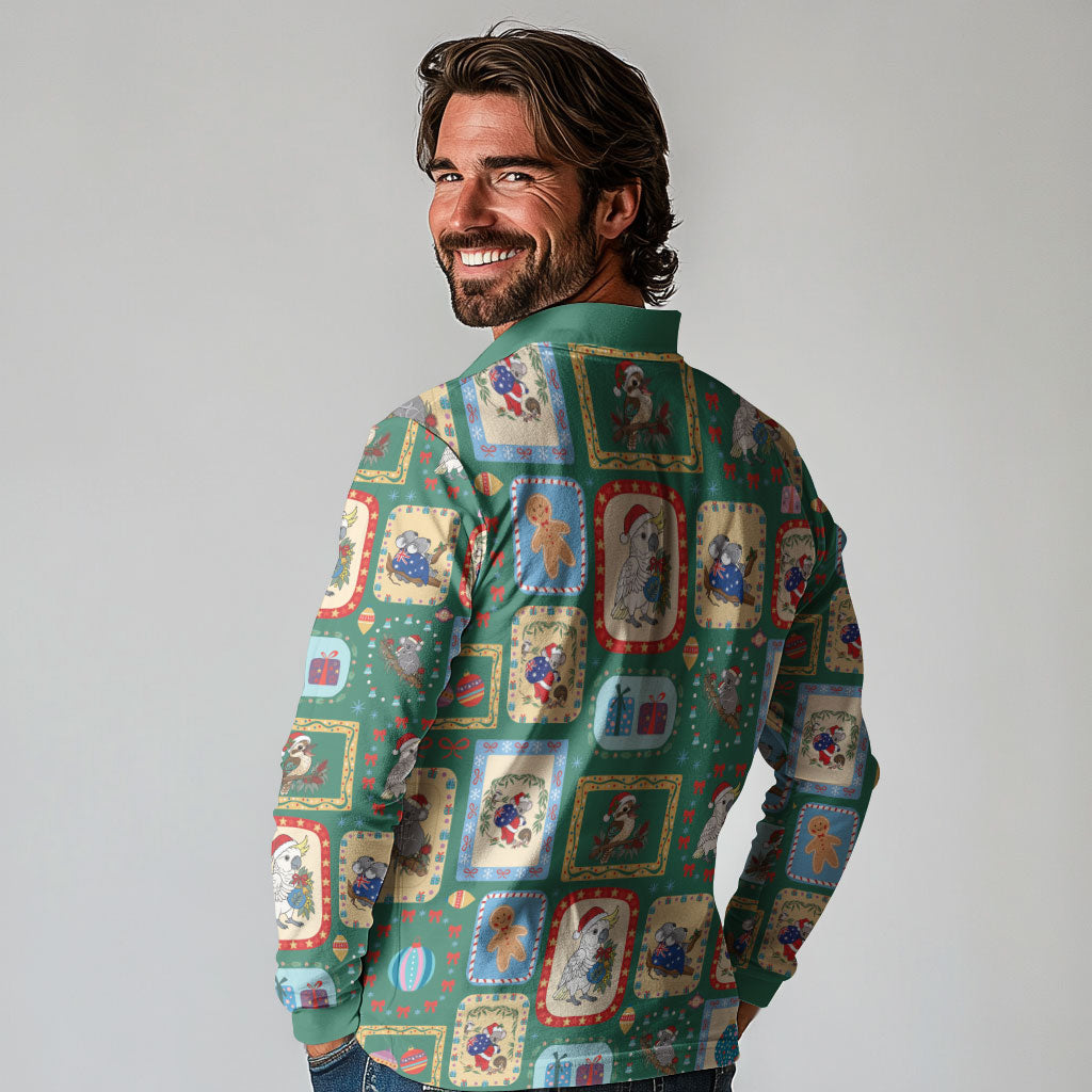 Australia Wildlife Christmas Stamp Long Sleeve Polo Shirt Green Aussie Native Animal Seamless Pattern