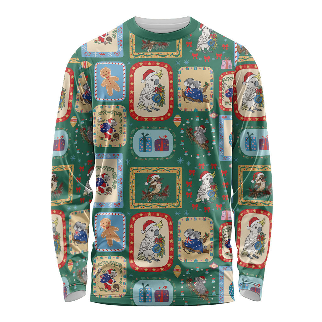 Australia Wildlife Christmas Stamp Long Sleeve Shirt Green Aussie Native Animal Seamless Pattern