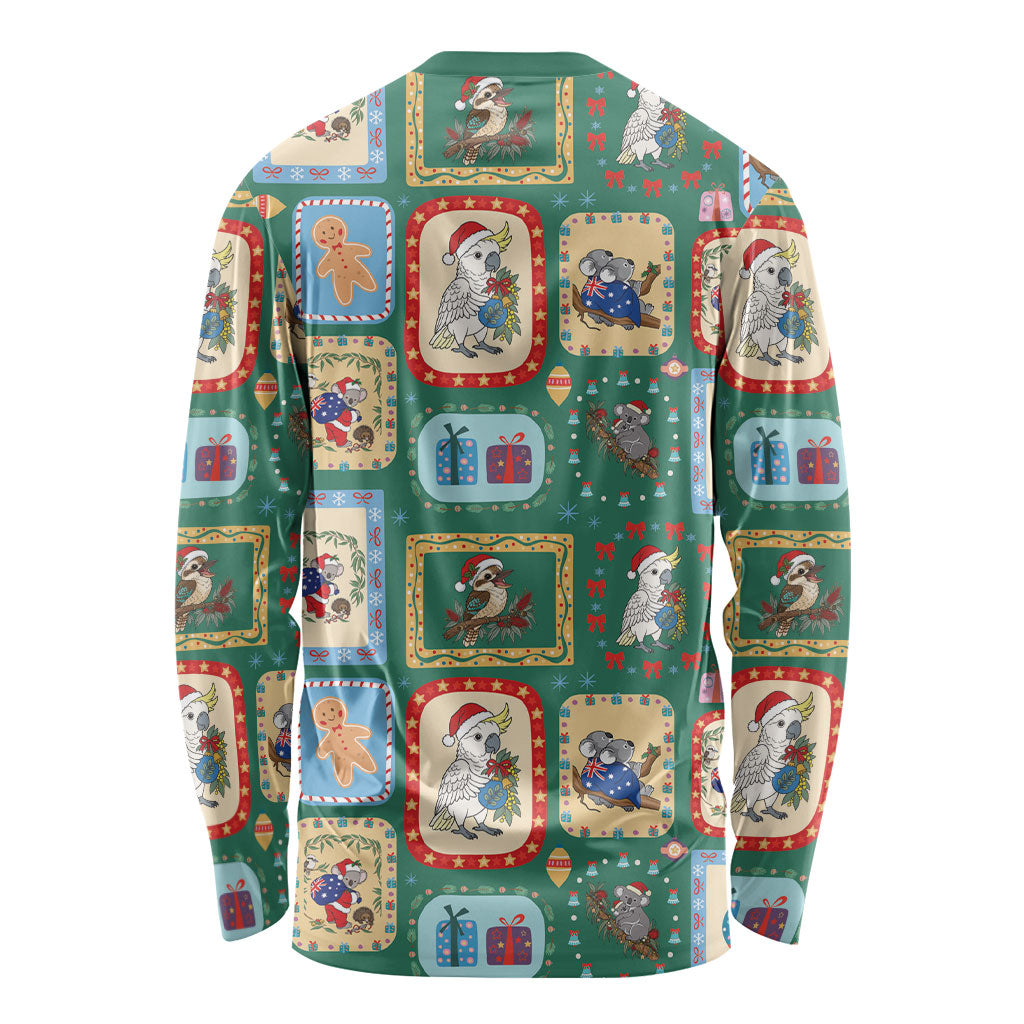 Australia Wildlife Christmas Stamp Long Sleeve Shirt Green Aussie Native Animal Seamless Pattern